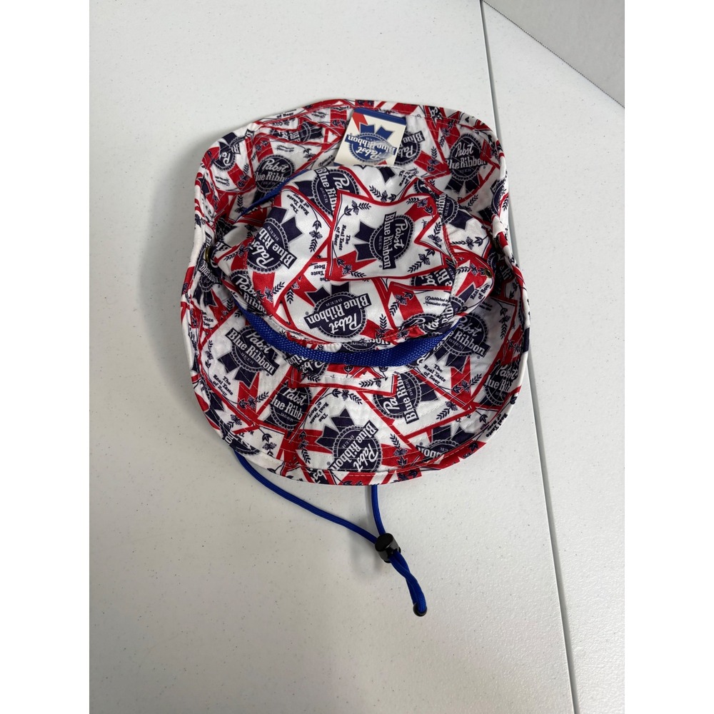 Pabst Blue Ribbon PBR All Over Print Bucket Hat Adjustable Chin Strap OSFM